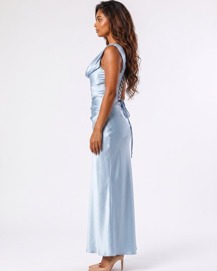 Glacier blue satin one-shoulder cowl neck maxi dress side view