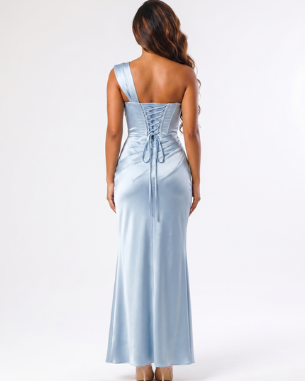 Glacier blue satin maxi dress back view with lace-up corset closure