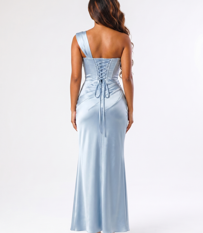 Glacier blue satin maxi dress back view with lace-up corset closure