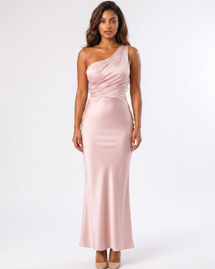 Blush pink satin one-shoulder cowl neck maxi dress front view