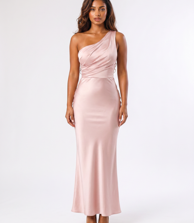 Blush pink satin one-shoulder cowl neck maxi dress front view
