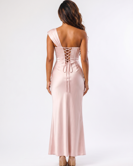 Blush pink satin maxi dress back view with lace-up corset closure