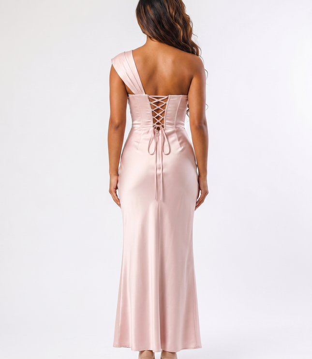 Blush pink satin maxi dress back view with lace-up corset closure