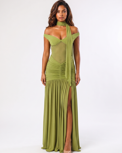 Olive green off-shoulder maxi dress with mesh bodice and scarf front view