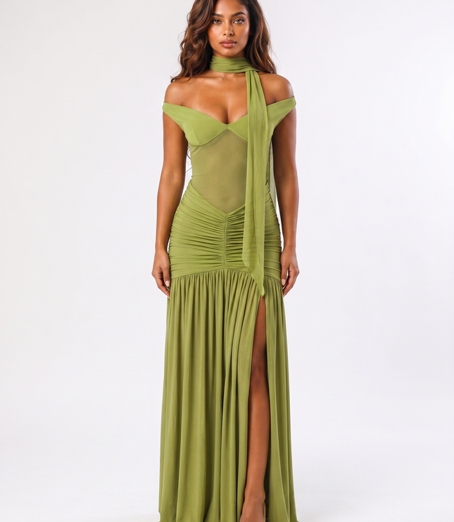 Olive green off-shoulder maxi dress with mesh bodice and scarf front view