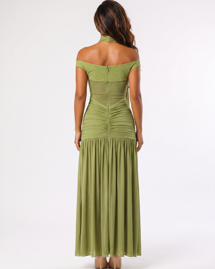 Olive green off-shoulder maxi dress back view with mesh detail