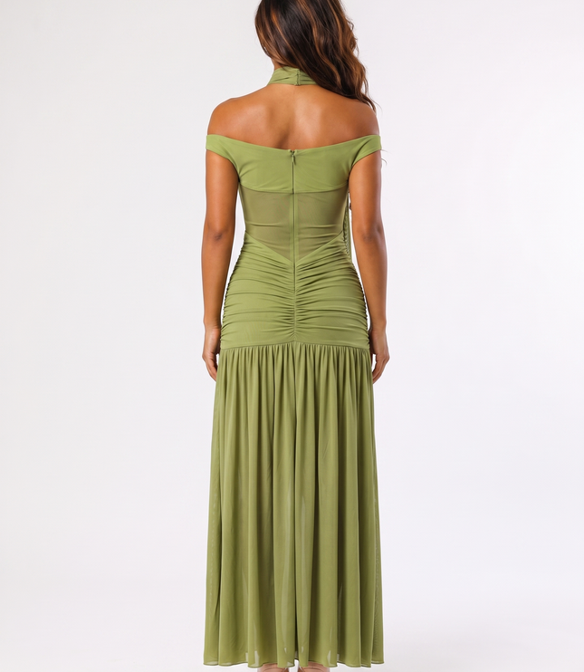 Olive green off-shoulder maxi dress back view with mesh detail