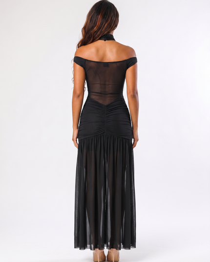 Black off-shoulder maxi dress back view with mesh detail