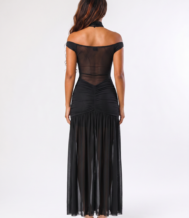 Black off-shoulder maxi dress back view with mesh detail