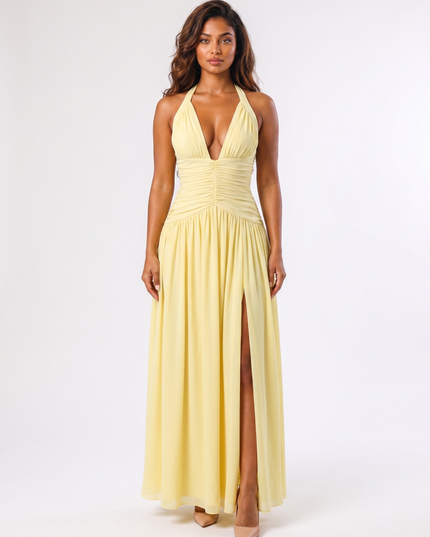 Lemon serena halter ruched maxi dress front view