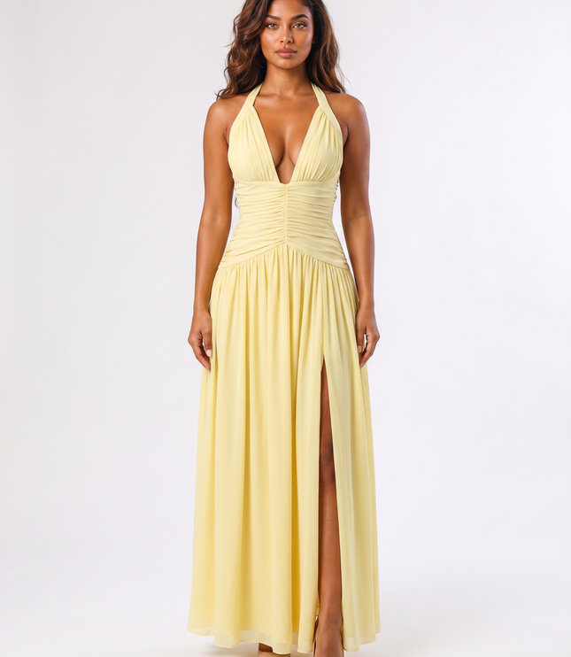 Lemon serena halter ruched maxi dress front view