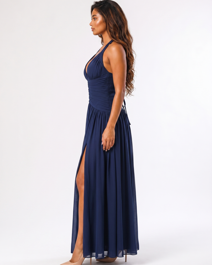 Navy serena halter ruched maxi dress side view