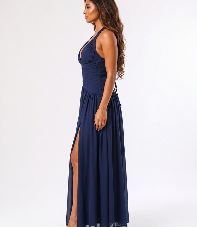 Navy serena halter ruched maxi dress side view