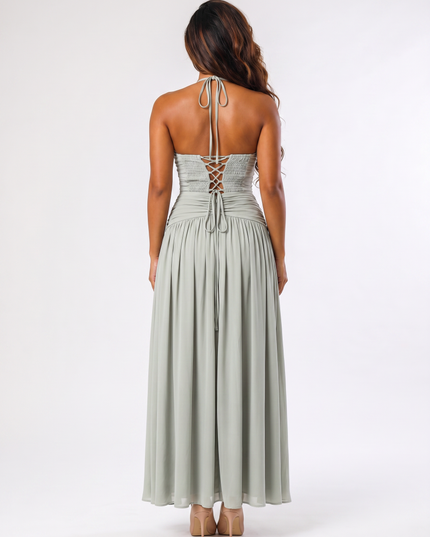 Sage serena halter ruched maxi dress back view