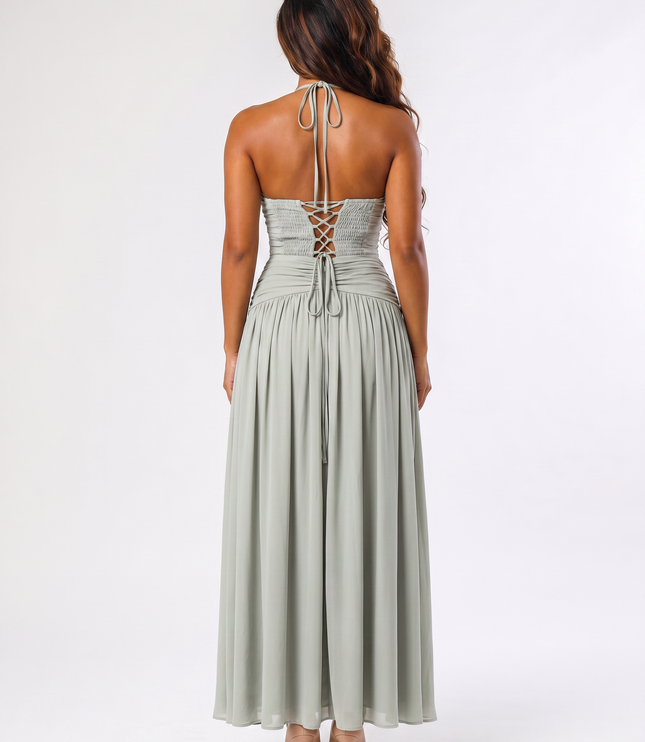 Sage serena halter ruched maxi dress back view