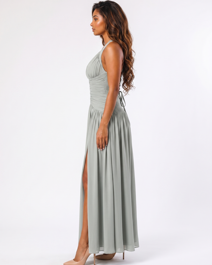 Sage serena halter ruched maxi dress side view