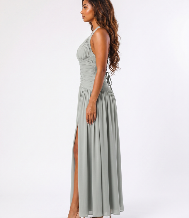 Sage serena halter ruched maxi dress side view