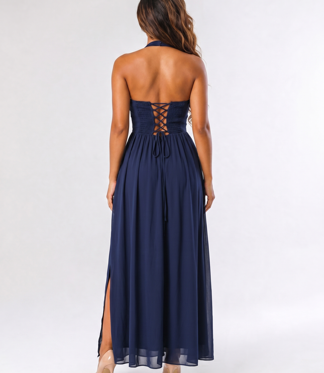 Navy serena halter ruched maxi dress back view