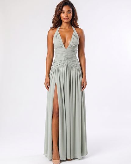 Sage serena halter ruched maxi dress front view