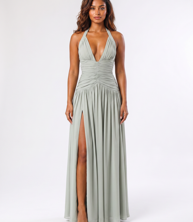 Sage serena halter ruched maxi dress front view