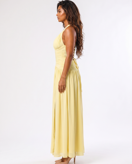Lemon serena halter ruched maxi dress side view