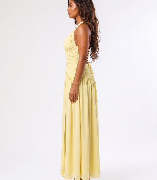 Lemon serena halter ruched maxi dress side view