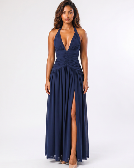 Navy serena halter ruched maxi dress front view