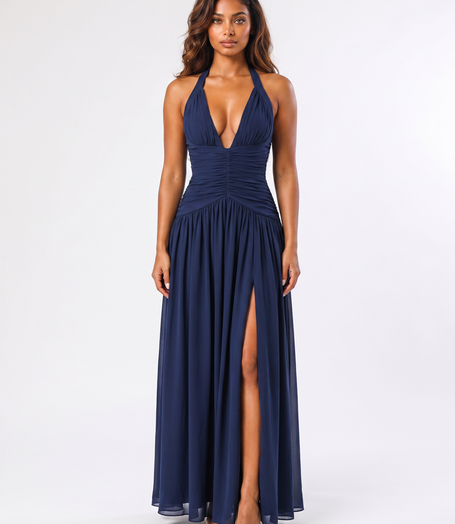 Navy serena halter ruched maxi dress front view
