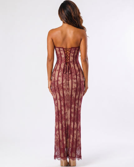 Burgundy serena lace maxi dress back view