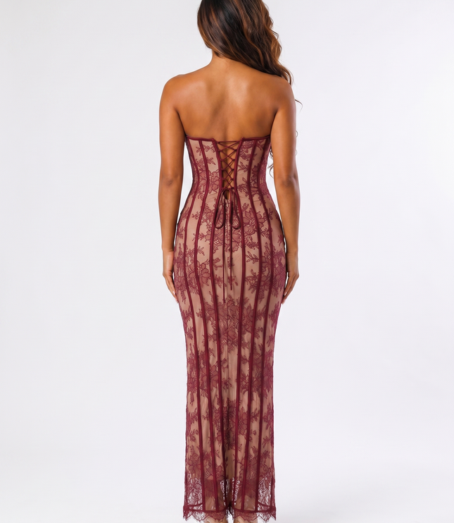 Burgundy serena lace maxi dress back view