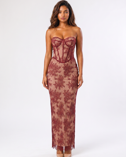 Burgundy serena lace maxi dress front view