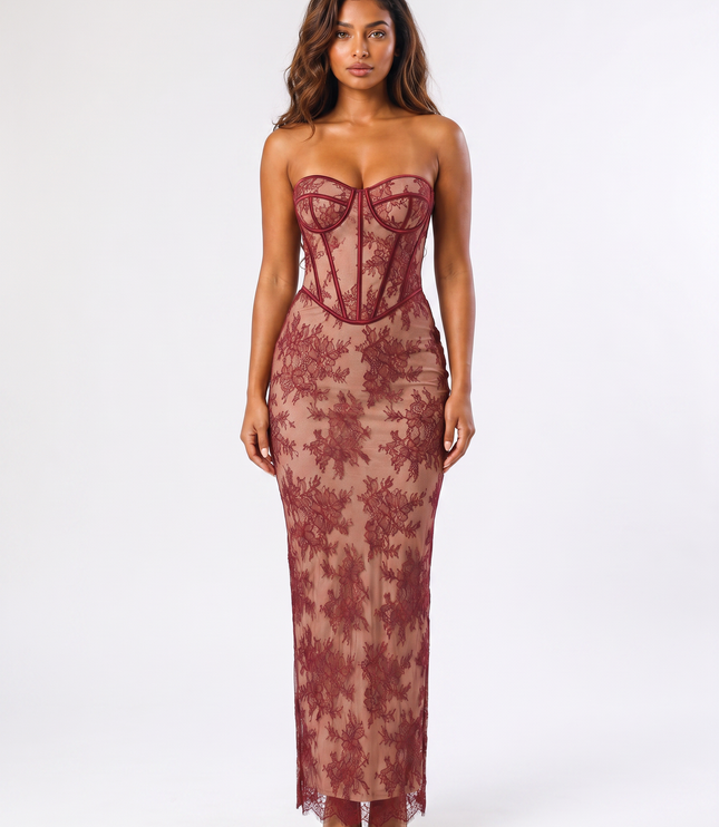 Burgundy serena lace maxi dress front view