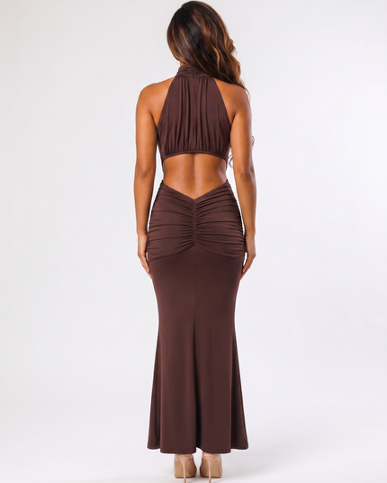 Plum Brown serena ruched halter maxi dress back view