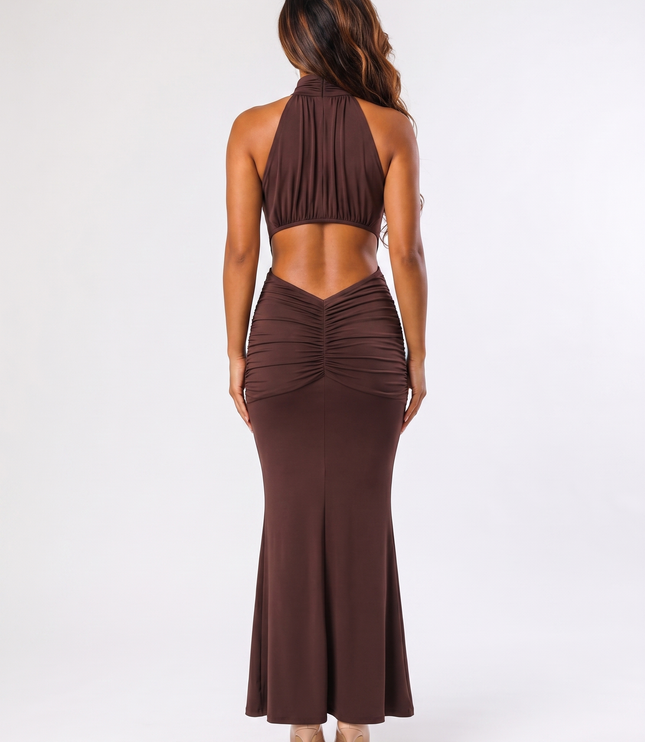 Plum Brown serena ruched halter maxi dress back view