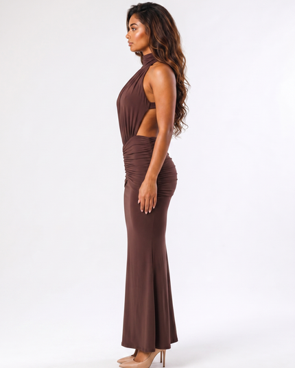 Plum Brown serena ruched halter maxi dress side view