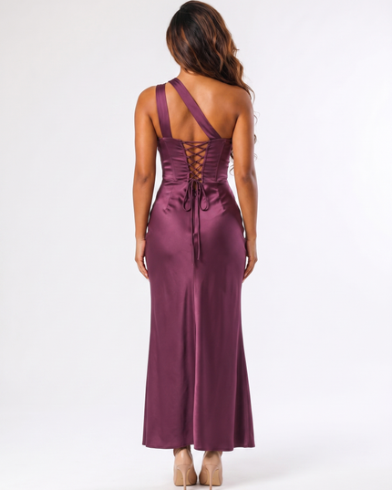 Plum serena off-shoulder satin maxi dress back view