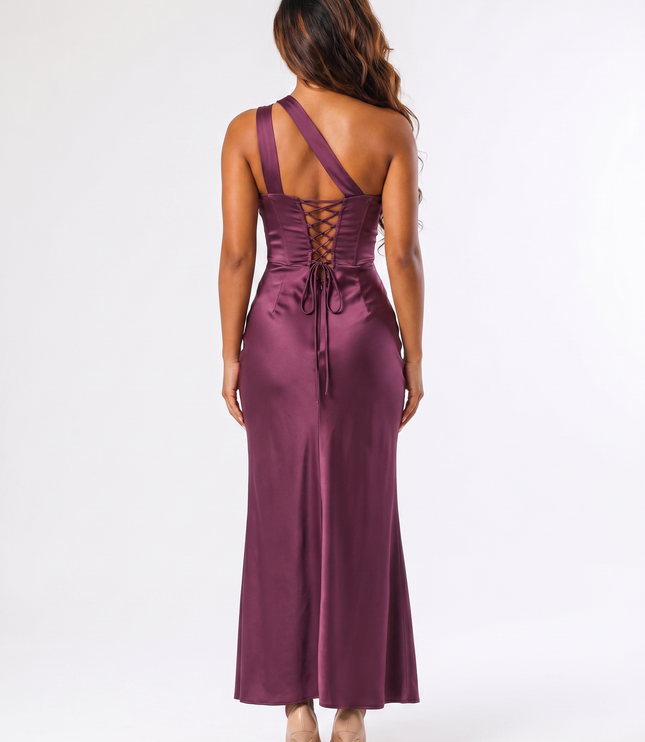 Plum serena off-shoulder satin maxi dress back view