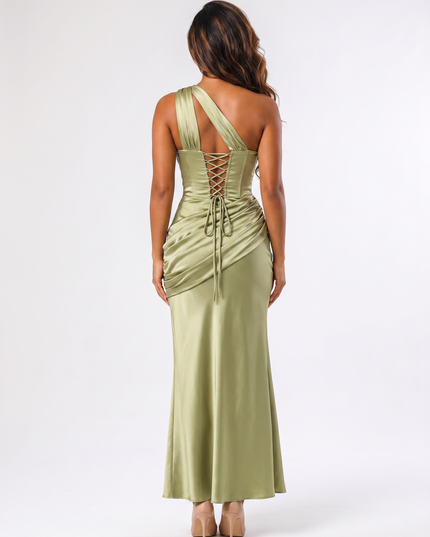 Light Olive serena off-shoulder satin maxi dress back view