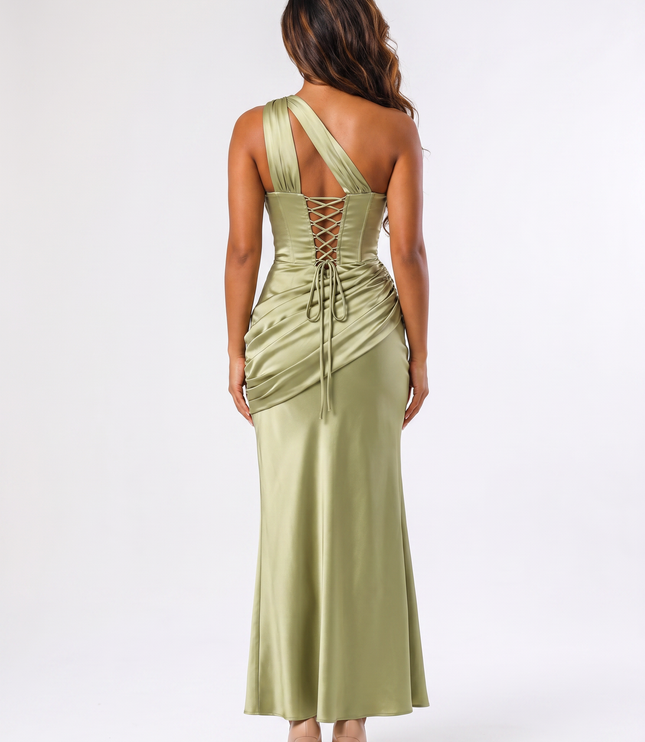 Light Olive serena off-shoulder satin maxi dress back view