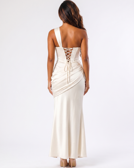 Ivory serena off-shoulder satin maxi dress back view