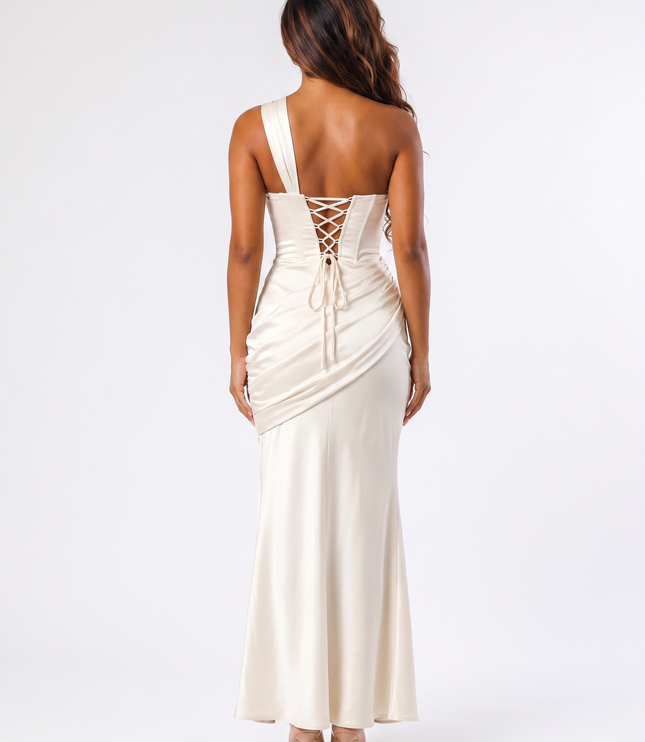 Ivory serena off-shoulder satin maxi dress back view