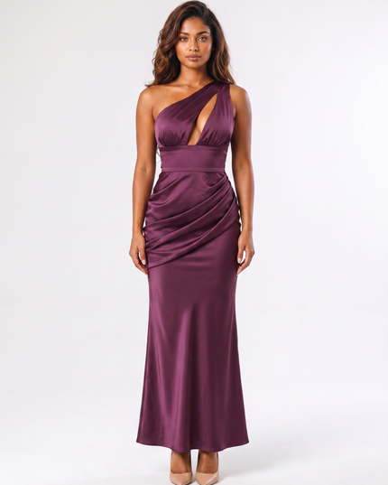 Plum serena off-shoulder satin maxi dress front view