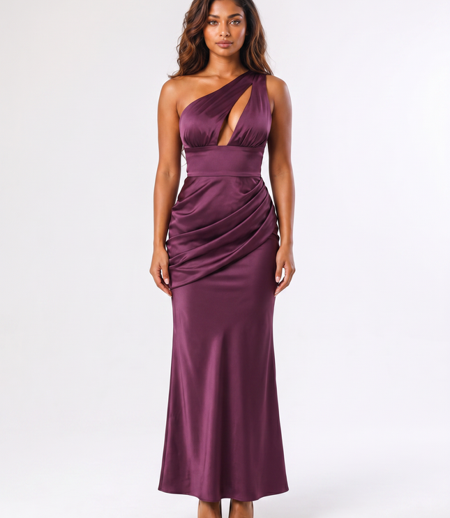 Plum serena off-shoulder satin maxi dress front view