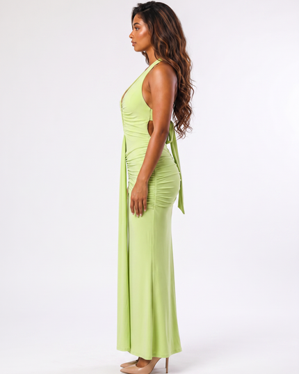 Lime serena ruched halter maxi dress side view