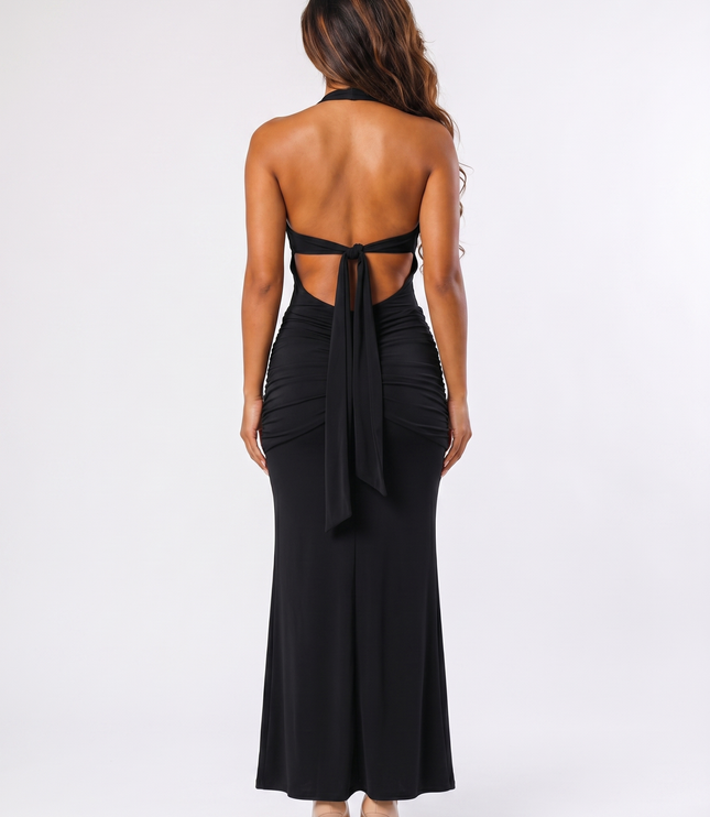Black serena ruched halter maxi dress back view