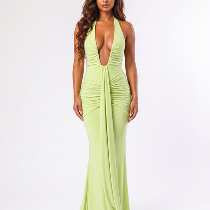 Lime serena ruched halter maxi dress front view