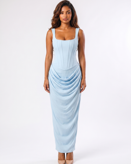 Baby Blue serena corset maxi dress front view