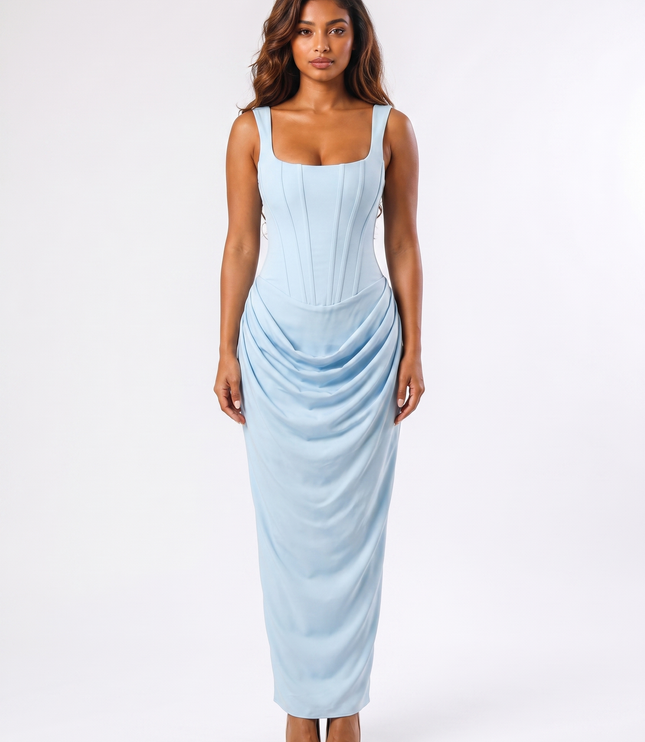 Baby Blue serena corset maxi dress front view