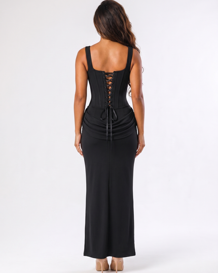 Black serena corset maxi dress back view