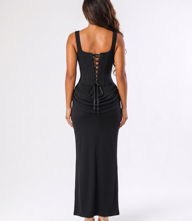 Black serena corset maxi dress back view